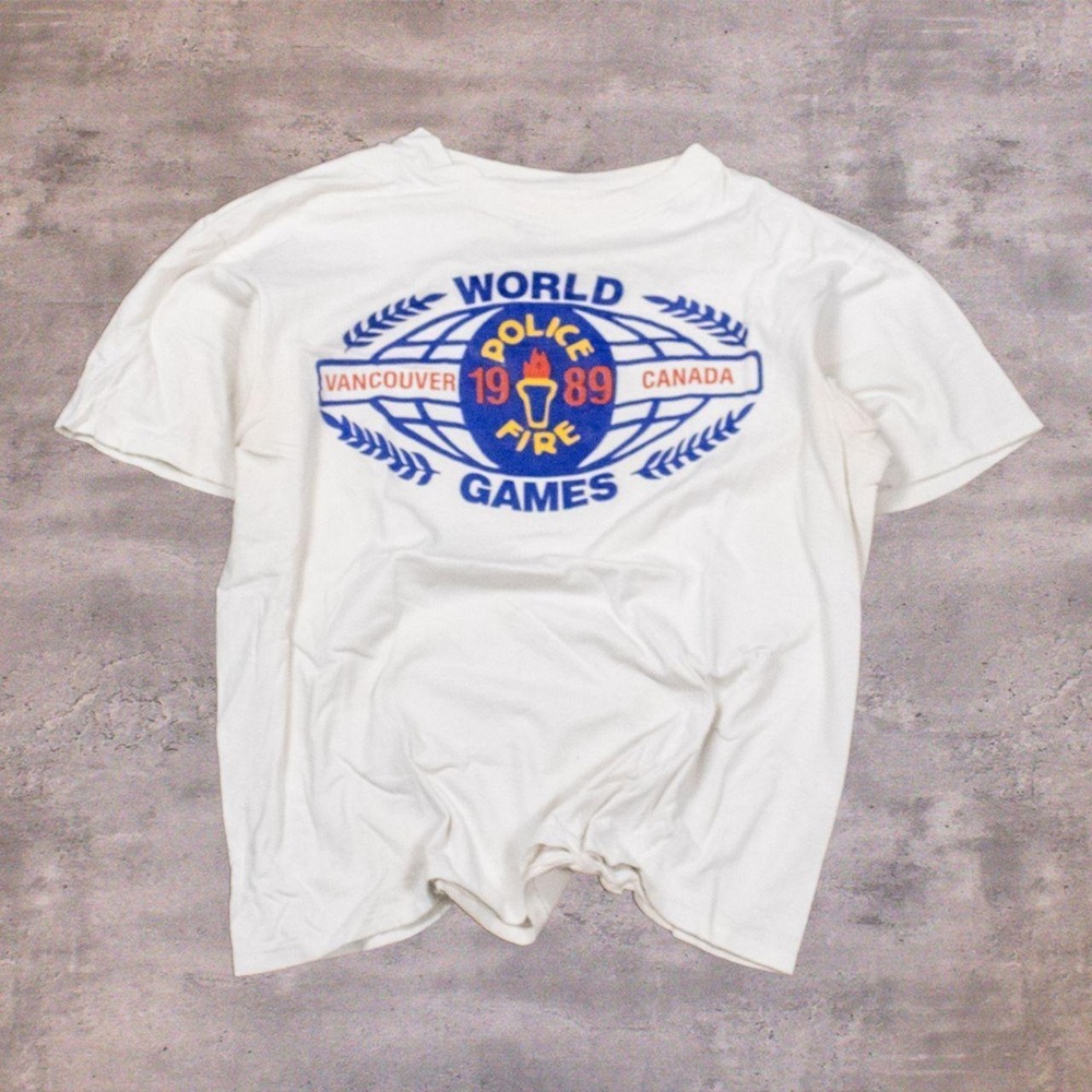 80's Vancouver World Police Fire Games Faded Trashed Single Stitch White Tee